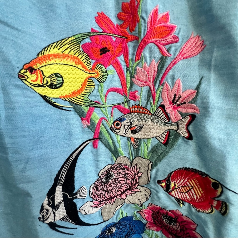 Vilagallo Embroidered Patch Tropical Fish Chambray Dress 44/10 Floral Resortwear - Picture 6 of 14